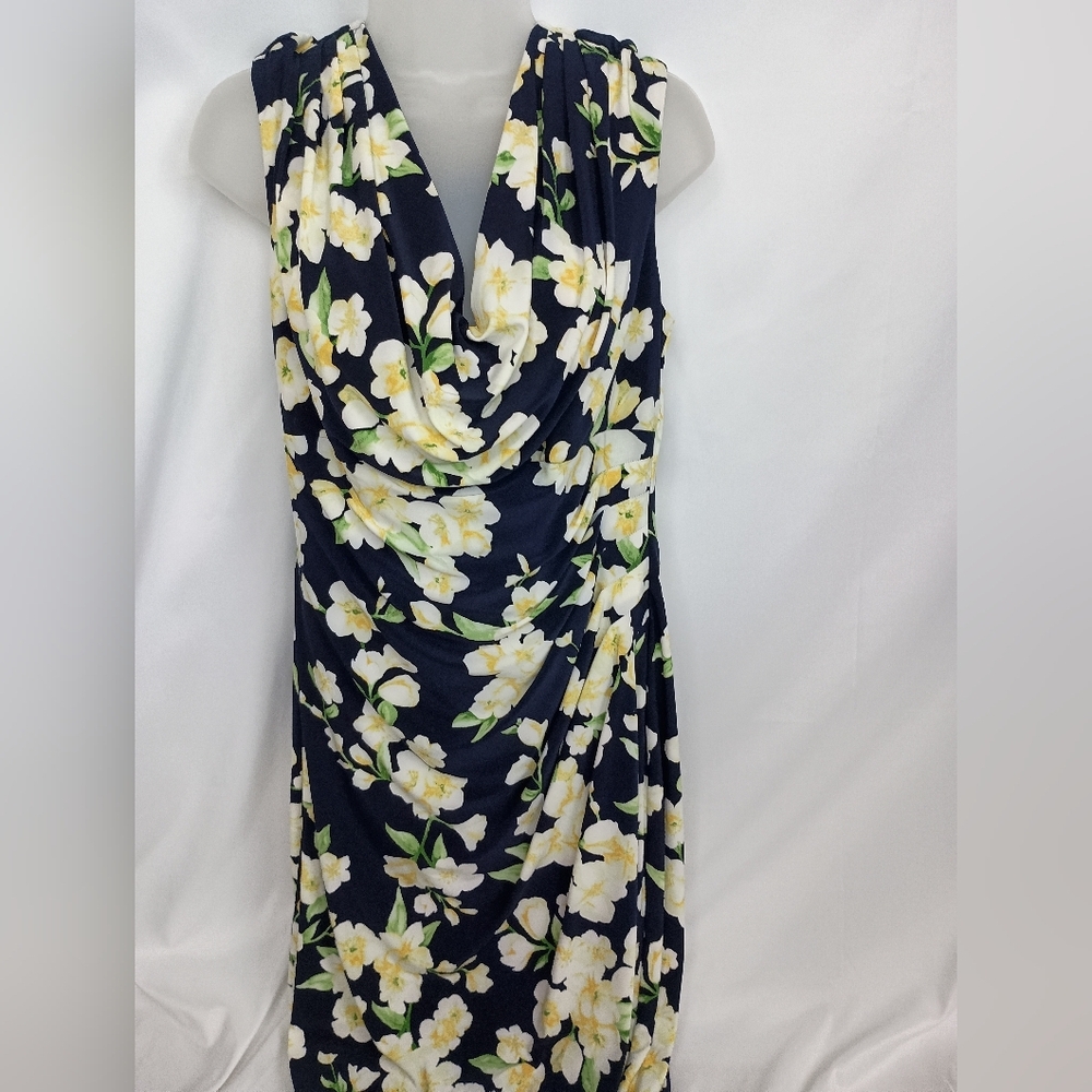 LAUREN RALPH LAUREN‎ holiday party Navy Blue White Floral Midi Dress (#894)